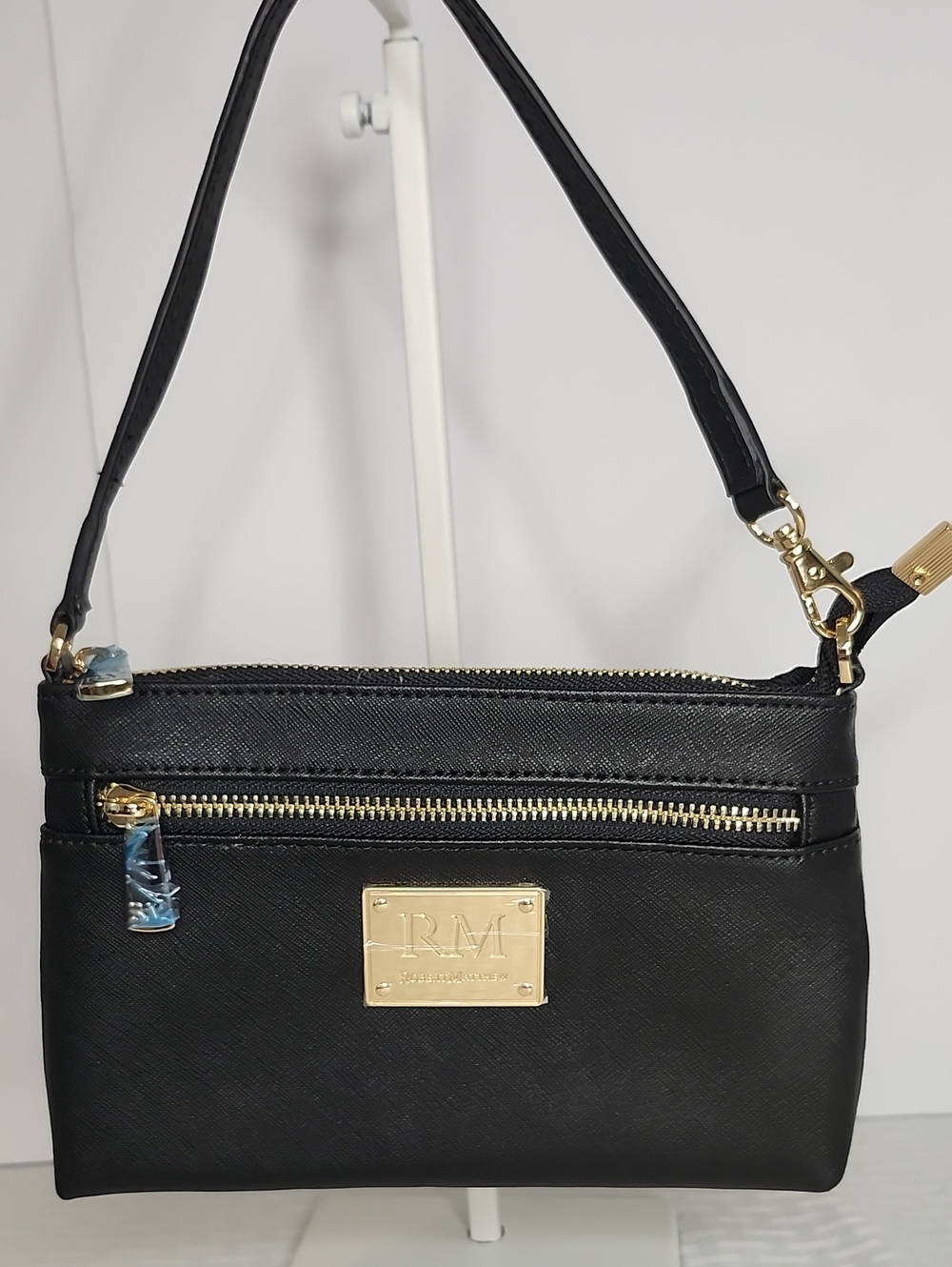 Robert Matthew Shoulder Bag Wristlet Black Saffiano Leather NWOT